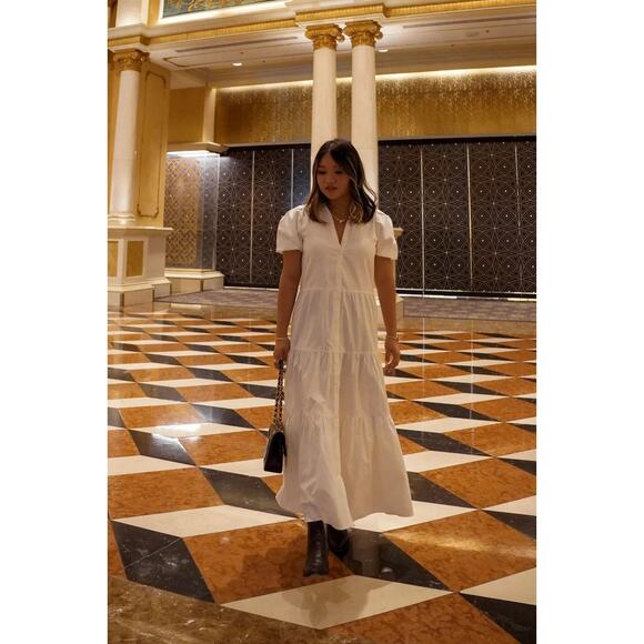 Brochu Walker Havana Midi Dress White Tiered Button Front Puff Sleeve Sz M - Picture 5 of 11